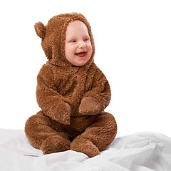 Image showing Studio, toddler and onesie with costume, bear and child with joy and fun. Baby, newborn and happiness with adorable, comfort and dressed up infant for development isolated on white background