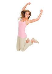 Image showing Jump, celebration and portrait of happy woman in studio excited for competition, prize or results on white background. Energy, success and female model with wow news, winning or giveaway promotion