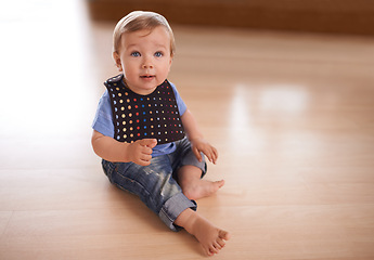 Image showing Boy, baby and relax in home on floor, growth and curious or relax in living room and care. Child development, happy kid and calm or comfortable, mockup space and toddler for health and wellness