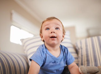Image showing Toddler, curious or baby on sofa in home for fun playing, happiness or learning in living room. Relax, boy or face of a male kid on couch in lounge for child development or growth in a house alone