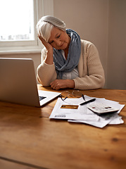 Image showing Senior woman, stress and laptop for inflation in home, worry and paperwork for tax return or insurance. Elderly female person, frustrated and documents for bankruptcy, fail and mistake in budget