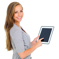 Image showing Tablet, screen, and woman face with hand pointing to mockup in studio for promo info on white background. Digital, space and portrait of female model show how to google it, offer or Netflix sign up