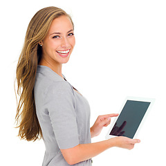 Image showing Female person, smile and portrait for tablet, mockup and studio for marketing and screen placement for brand. Woman, white background and happy for advertising, technology and social space for scroll