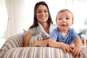 Image showing Mother, baby and relax in portrait on couch, care and support or smile in living room and comfortable. Mommy, son and love for bonding in childhood, single parent and happy for childcare on weekend