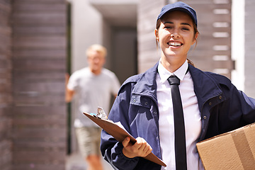 Image showing Delivery woman, box and clipboard in portrait at house for customer with smile for shipping in neighborhood. Girl, courier and employee in supply chain, logistics and checklist for cardboard package