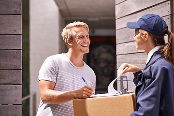 Image showing Delivery, courier and man sign documents, forms and application for package, parcel and box. Online shopping, ecommerce and people with paperwork for shipping, supply chain and distribution in home