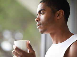 Image showing Black man, window and thinking with coffee for dream, start or morning in ambition or vision at home. Face of African male person in wonder or thought with mug or cup of tea for breakfast at house