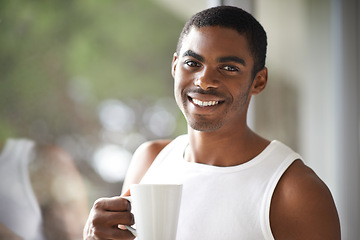 Image showing Black man, portrait and window with coffee for morning, breakfast start or ambition at home. Face of young African male person with smile, mug or cup of tea for beverage, cappuccino or drink at house