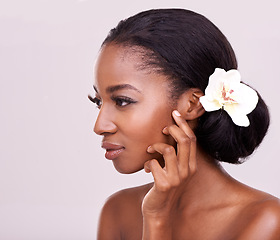 Image showing Black woman, flower and natural beauty with dermatology and wellness isolated on grey background. Cosmetic care, eco friendly treatment with nature or plant, makeup and organic facial for skincare