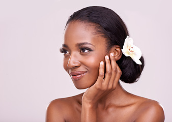 Image showing Black woman, flower and beauty with thinking for dermatology and wellness on pink background. Natural cosmetic care, eco friendly treatment with nature and reflection for natural and organic skincare