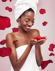 Image showing Portrait, dermatology and black woman with red petals, cosmetics and luxury on a white studio background. Face, African person and model with natural beauty and grooming with treatment and aesthetic