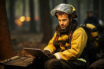 Image showing Firefighter Using Laptop in a Smoky Forest