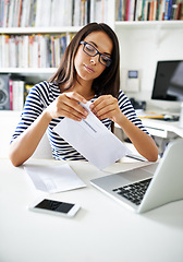 Image showing Woman, laptop and open envelope for letter, reading or thinking for news on scholarship, application or results. Student, girl or person for documents for finance, loan or debt by computer at college