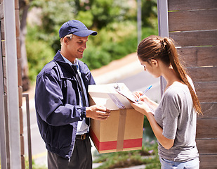 Image showing Delivery, package and woman sign documents, forms and application for courier, parcel and box. Online shopping, ecommerce and people with receipt for shipping, supply chain and distribution in home