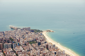 Image showing Water drone and beach for travel, summer and freedom, location and adventure in nature. Aerial view, ocean or Rio de Janeiro landscape, island or tropical paradise, relax or stress relief in Brazil