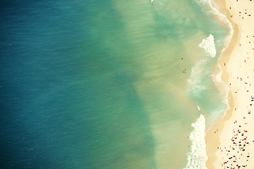 Image showing Brazil, drone and shoreline with summer, vacation or getaway trip with water or environment. Aerial view, beach or holiday with sunshine or natural with ocean or Rio de Janeiro with journey or travel