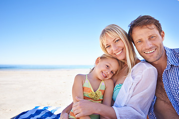 Image showing Family, beach and parents with kid for travel, holiday in Sydney for summer and happy together. Man, woman and young girl in portrait with ocean for adventure, trust and support with bonding outdoor