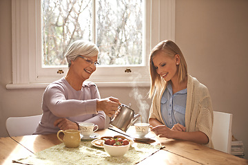 Image showing Happy, woman and grandmother with tea in home for brunch, bonding or visit in retirement. Senior, grandma and girl on coffee break with food, conversation and pouring liquid with steam in morning