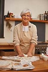 Image showing Senior woman, portrait and dough at home in kitchen for food, nutrition or dessert. Female person, elderly lady and retired cooking pastry dish on table, flour or recipe for eating, dining or dinner