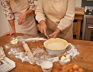 Image showing Hands, senior and baking cake in kitchen for bakery with flour, eggs and dessert for Easter weekend. Chef, woman and grandma teaching girl on table with ingredients for cookies, snacks and food