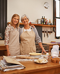 Image showing Mature, mother and baking with woman in portrait with help in kitchen, meal prep or together for dinner. Senior, mom and girl in home learning with flour, dough or cooking a pie on table with family