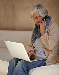 Image showing Senior woman, phone call and communication on laptop, contact and help for browsing on website. Elderly female person, internet and conversation while online shopping, home and chat in retirement