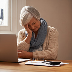 Image showing Senior woman, stress and laptop for bills in home, worry and paperwork for tax return or insurance. Elderly female person, frustrated and documents for retirement plan, fail and mistake in budget