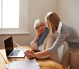 Image showing Senior woman, daughter and laptop with bills, finance and technology with advice and assistance. Help with online payment, budget with life insurance or conversation on tax paperwork in retirement