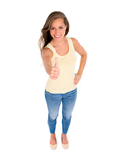 Image showing Woman, smile and thumbs up for agreement, success or approval in studio with isolated white background. Top view, hand gesture and female model for like emoji, yes sign and confirmation on mockup.