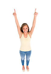 Image showing Portrait, woman and pointing for discount, fashion deal or sale in studio with isolated white background. Hand gesture, top view and smile by female model for advertising news, promotion or offer.