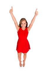 Image showing Portrait, smile and woman with thumbs up for winning, success or sign for support. Happy person, like and hand gesture for agreement, feedback and emoji isolated on a white studio background mockup