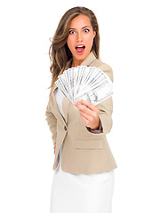 Image showing Cash, fan and portrait of woman with surprise for money on studio, white background and mockup. Professional, person and dollars in hand for winning bonus, giveaway or financial success on investment