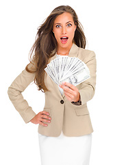 Image showing Money, fan and portrait of woman with surprise for cash on studio, white background and mockup. Professional, person and dollars in hand for winning bonus, giveaway or financial success on investment