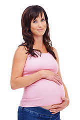 Image showing Portrait, pregnant and smile with belly of woman in studio isolated on white background for expecting. Baby, care and love of pregnancy with happy young parent touching stomach for motherhood