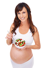 Image showing Woman, pregnant and studio with portrait, salad and smile for healthy maternity and confidence. Mother, proud and confident with pregnancy, diet and stomach for positive parenting and motherhood