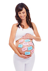 Image showing Smile, names and sticky notes on stomach of pregnant woman in studio isolated on white background. Love, choice or decision and happy young prenatal mother with idea on belly or tummy for maternity