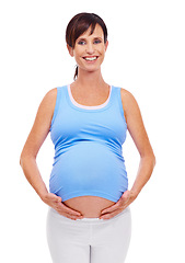 Image showing Portrait, pregnant or woman for belly, self care and fitness on mockup in studio on white background. Happy, healthy and female person for prenatal workout, maternity and wellness in pregnancy