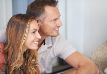 Image showing Couple, happy and relax on patio, home and together with view in backyard on vacation with embrace. Man, woman and hug with care, bonding and connection with smile on break, holiday or house in Italy