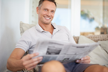 Image showing Man, newspaper and happy in portrait on sofa to relax with reading, knowledge and information in home. Person, newsletter or publication for update on current affairs with sports, finance and news