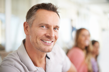 Image showing Smile, portrait and man on sofa to relax in family home for weekend leisure, bonding and free time. Calm father, mother and child on couch for holiday, wellness and face of happy dad in living room.