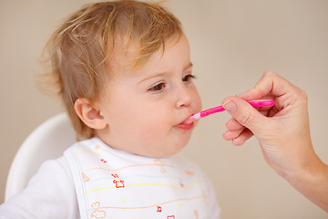 Image showing Spoon, baby and high chair for eating, food and nutrition for healthy, childhood development. Young child, care and hungry for tasty, delicious and meal for wellbeing, growth and bonding together