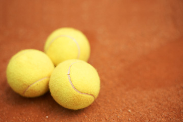 Image showing Sports, tennis and balls on court closeup from above for start of competition, game or match. Fitness, mockup or space on ground at stadium or venue, ready for start of championship tournament