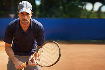 Image showing Tennis, game and portrait of man on court for sport, competition or exercise for fitness. Athlete, workout and play on pitch outdoor in summer with action, challenge and person in contest mock up