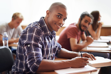 Image showing Portrait, university and students in a class, education and knowledge with books and research. Face, friends and men on campus with learning and studying with support and exams with notes and college