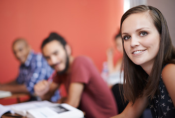 Image showing Portrait, university and students in a class, woman and knowledge with books and studying. Face, friends and group on campus with learning and education with support and exams with notes and smile