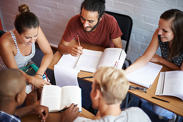 Image showing Studying, university and students with book, research and planning for a project and education. Group, college and friends with ideas and brainstorming with teamwork and support with revision session