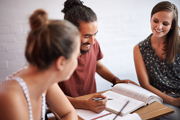 Image showing Studying, university and students with book, brainstorming and planning for a project and knowledge. People, college and friends with education and revision with teamwork and support with research