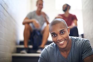 Image showing Portrait, stairs and student with smile, black man and together with classmates as friends for conversation. University, school and campus with course for person, scholarship and people relax