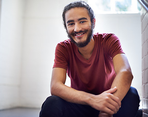 Image showing Portrait, stairs and university with student, man and education with lunch break and relaxing. Face, person and steps with guy and college with knowledge and campus with confidence and scholarship