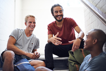 Image showing Group, stairs and students with discussion, brainstorming and relaxing with education and people. Men, scholarship or friends with diversity and knowledge with planning or college with lunch break